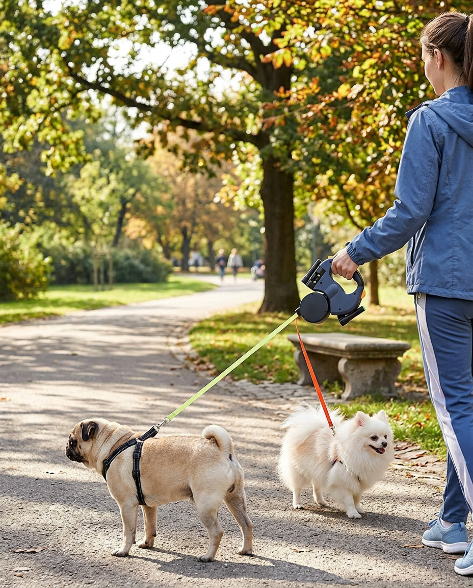 Anti-Tangle Double Dog Leash With Swivel Joint in use, lifestyle background