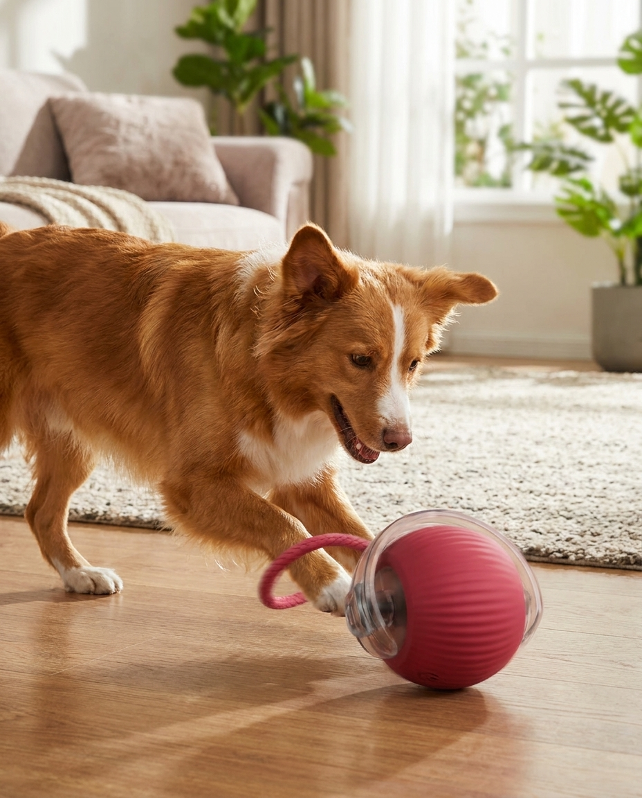 Motion Rolling Ball Chase Toy With Tail for Dogs in use, lifestyle background
