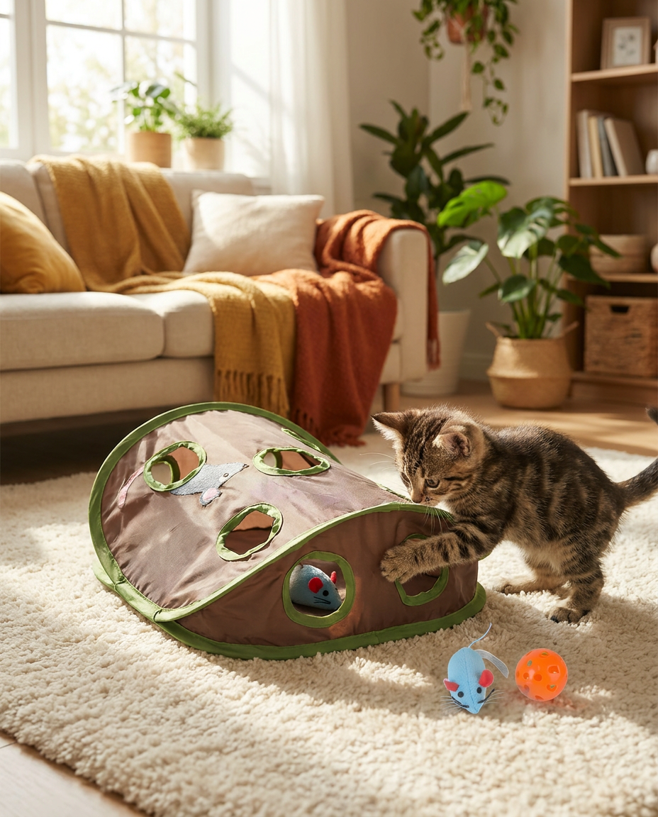 9-Hole Interactive Tunnel Mouse Chase Toy for Cats in use, lifestyle background