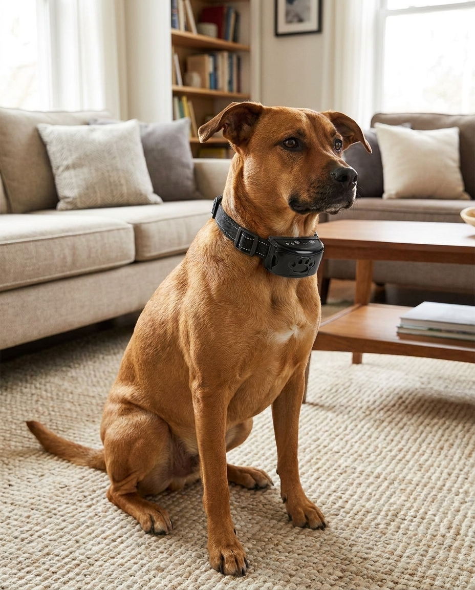 Humane Vibration and Sound Anti-Bark Training Collar in use, lifestyle background