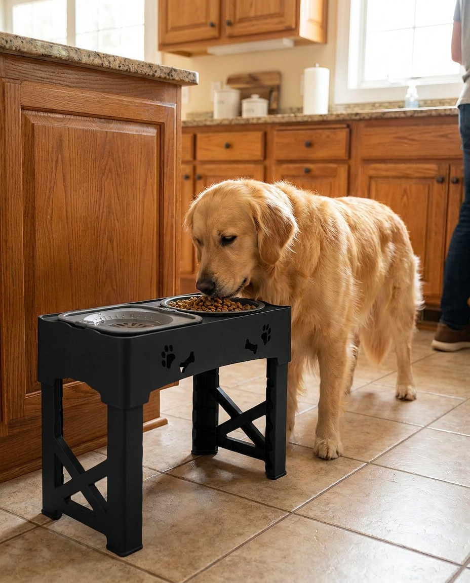 Adjustable Height Raised Slow Feeder Bowl for Dogs in use, lifestyle background