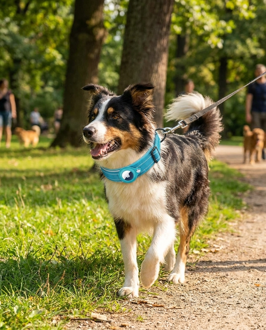 AirTag-Compatible GPS Tracking Dog Collar in use, lifestyle background