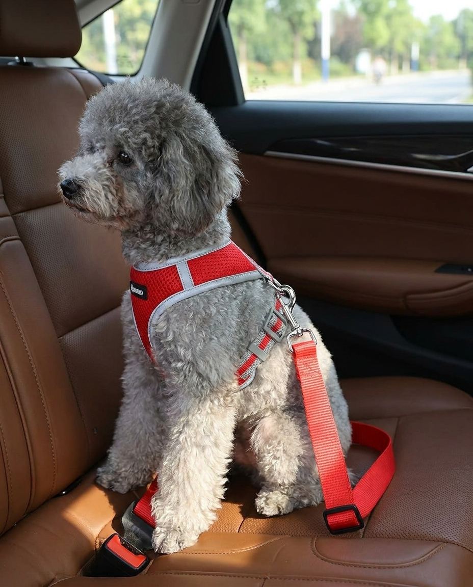 Adjustable Car Seat Belt for Dogs and Cats in use, lifestyle background