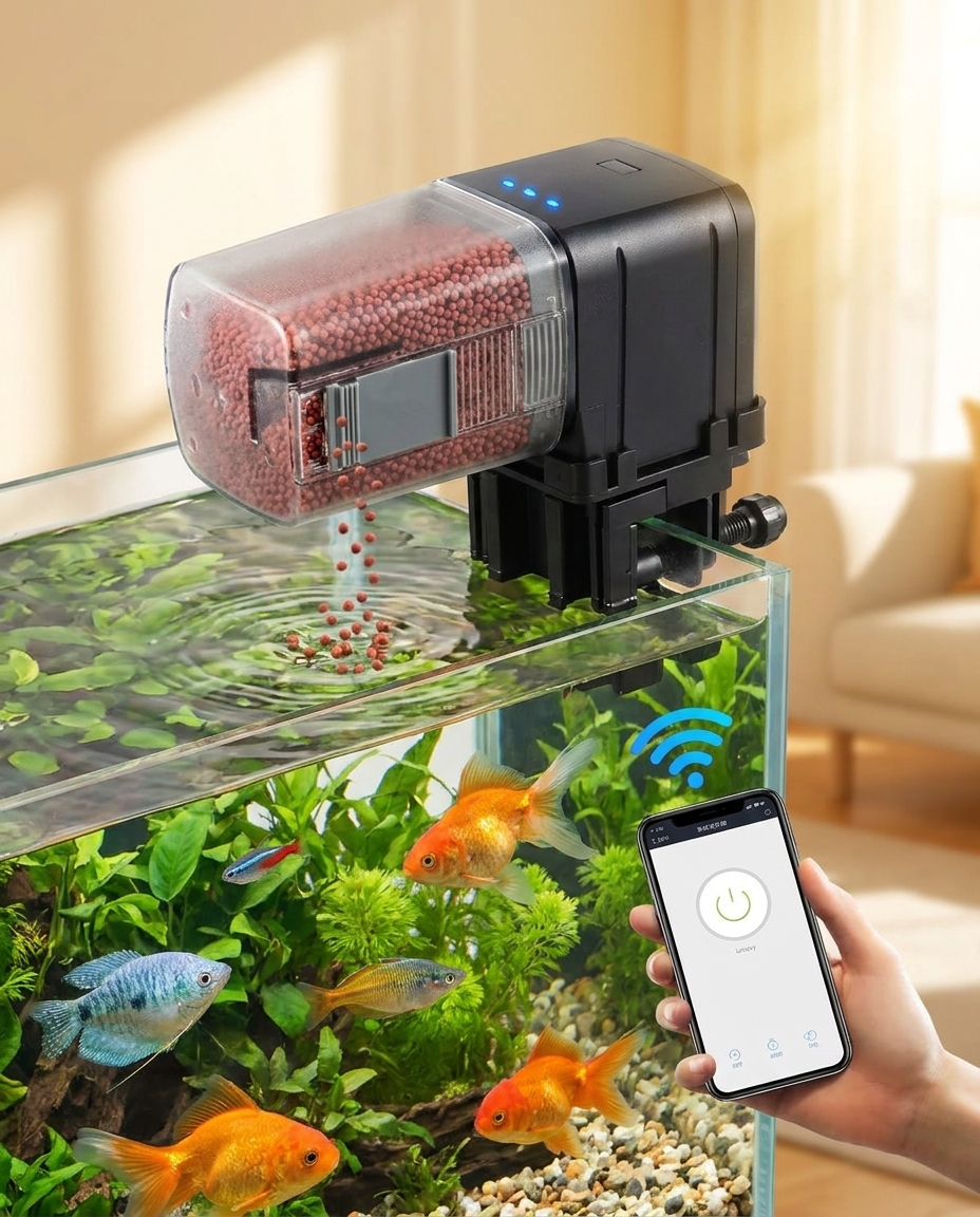 WiFi Voice-Controlled Automatic Fish Feeder in use, lifestyle background