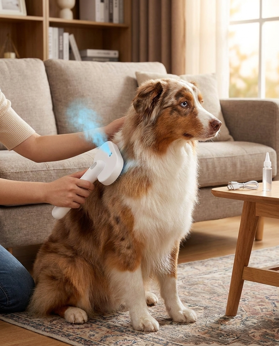 Misting Steam Grooming Brush for Cats and Dogs in use, lifestyle background