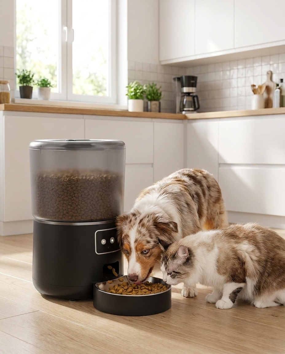 Smart Automatic Pet Feeder for Cats and Dogs in use, lifestyle background