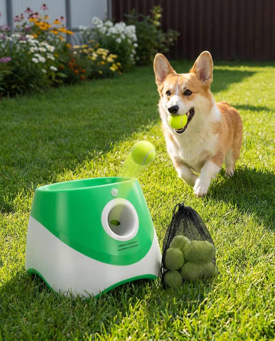 Automatic Dog Ball Launcher, 3 Distance Settings in use, lifestyle background