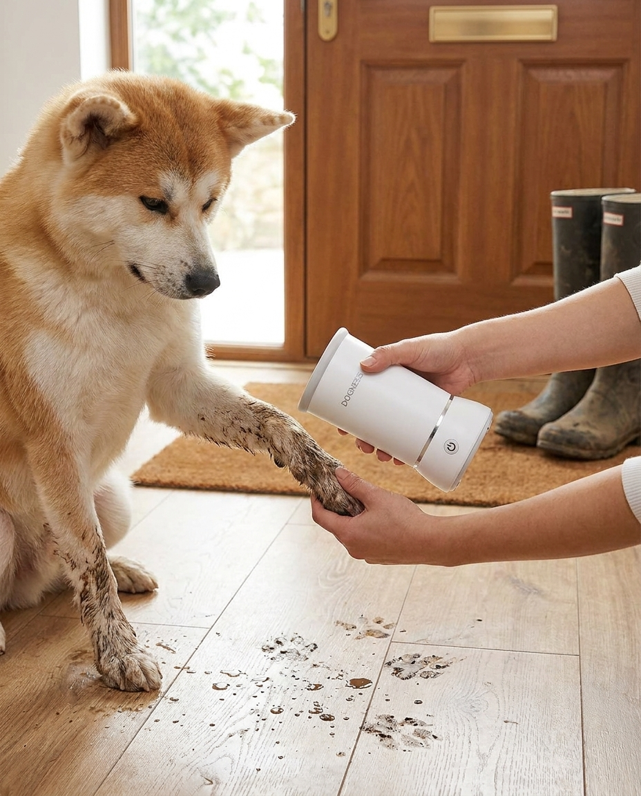 Rechargeable Automatic Dog Paw Cleaner in use, lifestyle background