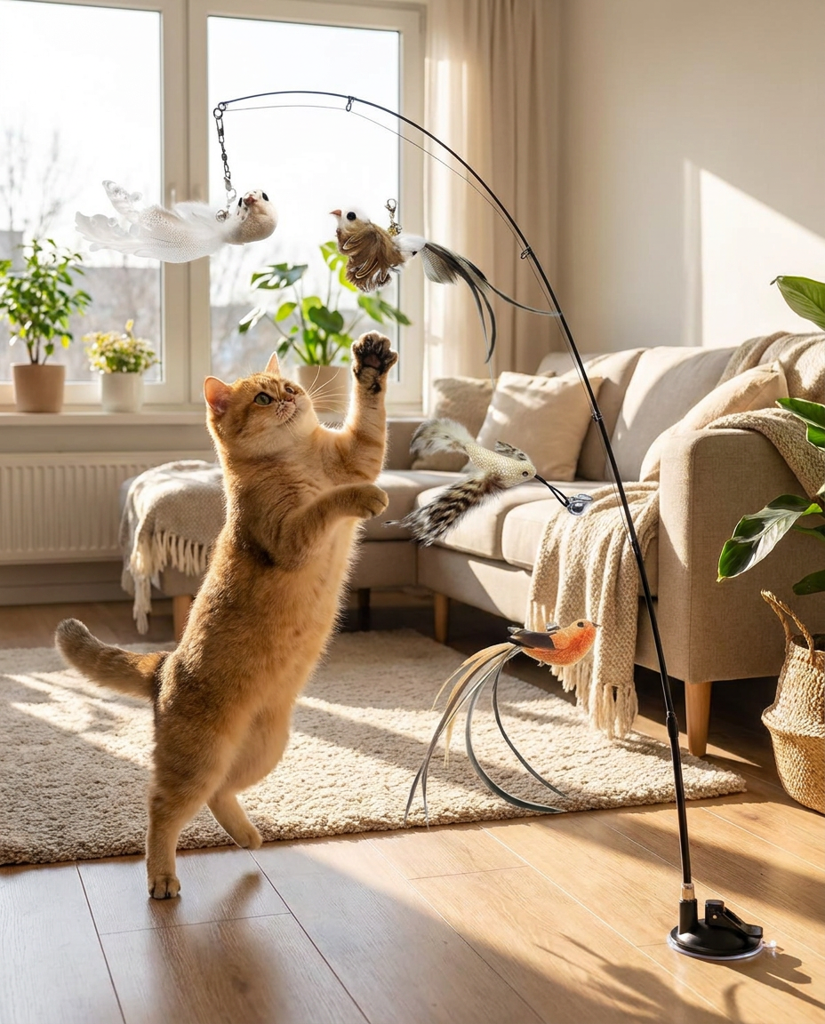 Interactive Bird Simulation Toy Set for Cats in use, lifestyle background