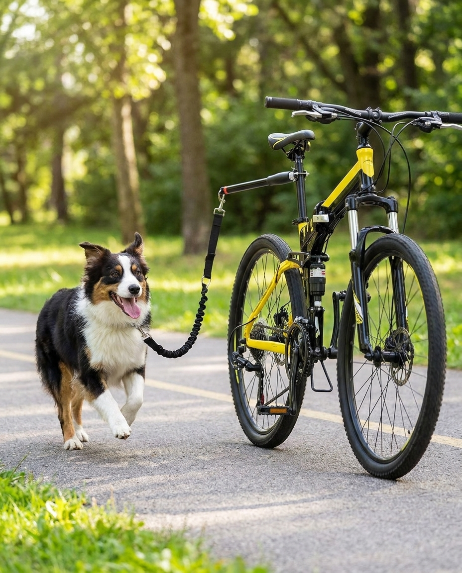 Hands-Free Bike Tow Leash for Dogs in use, lifestyle background