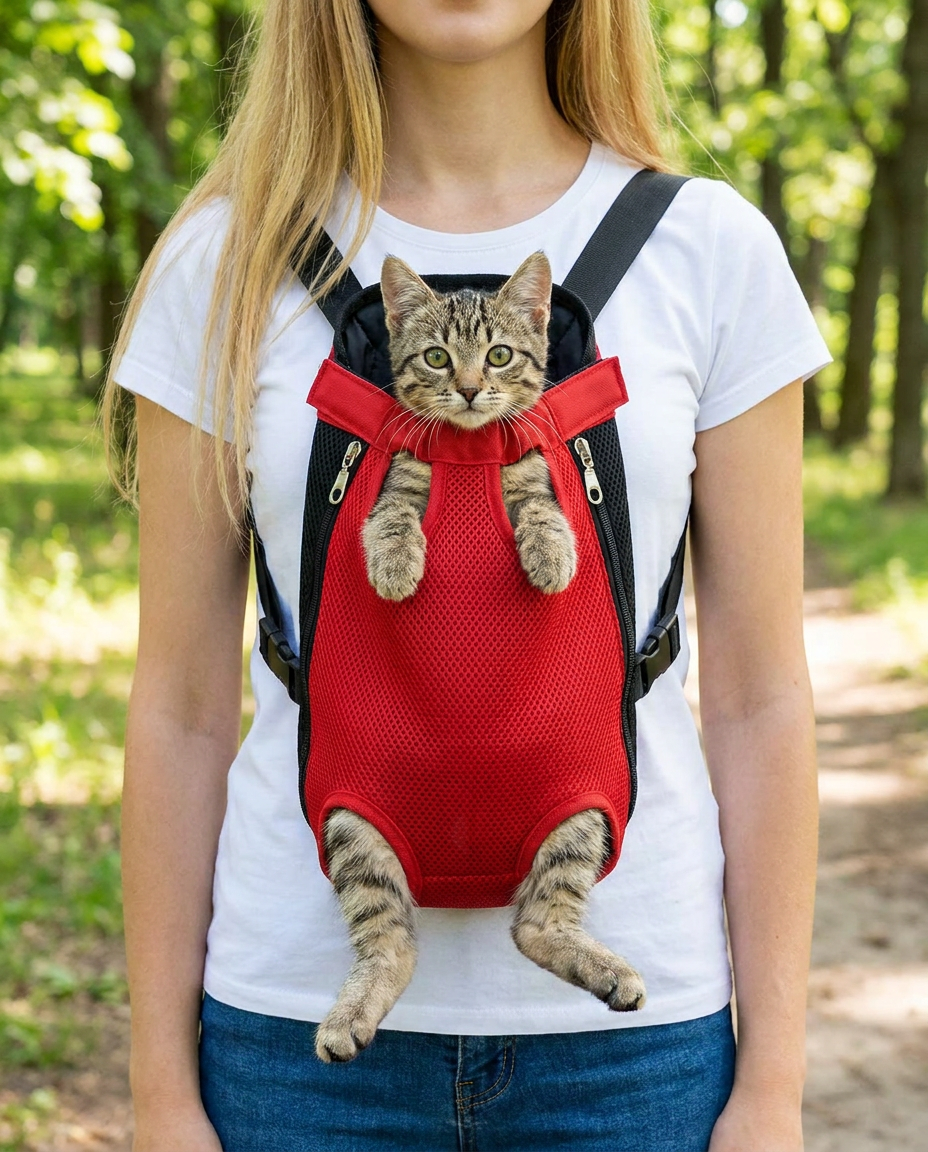 Adjustable Ventilated Cat Carrier Pouch in use, lifestyle background