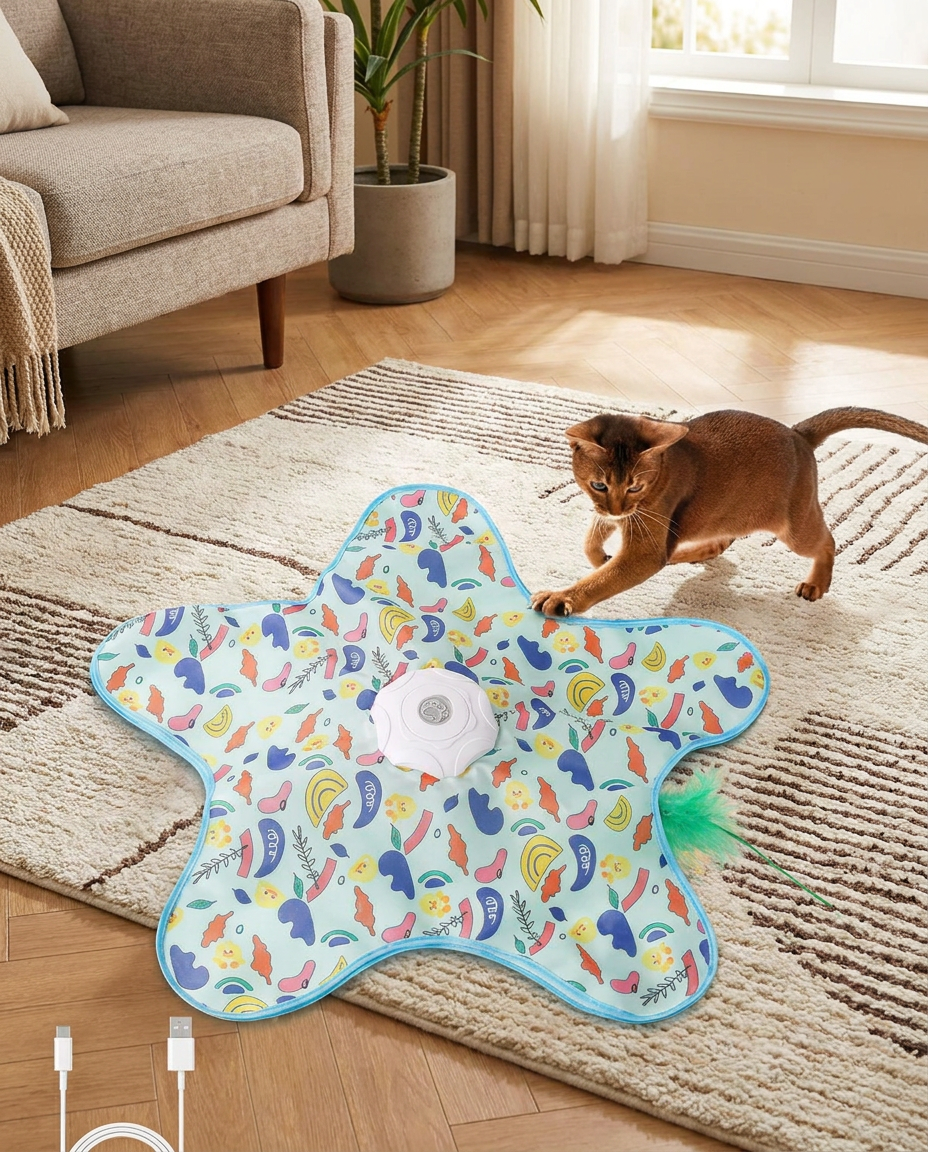 Automatic Hide and Seek Feather Cat Toy in use, lifestyle background
