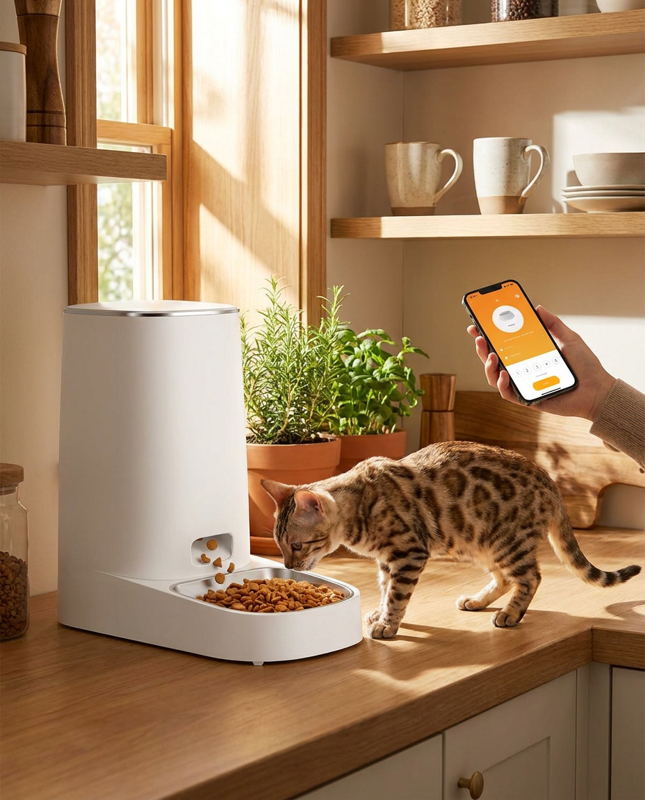 WiFi Smart Automatic Cat Feeder With App Control in use, lifestyle background