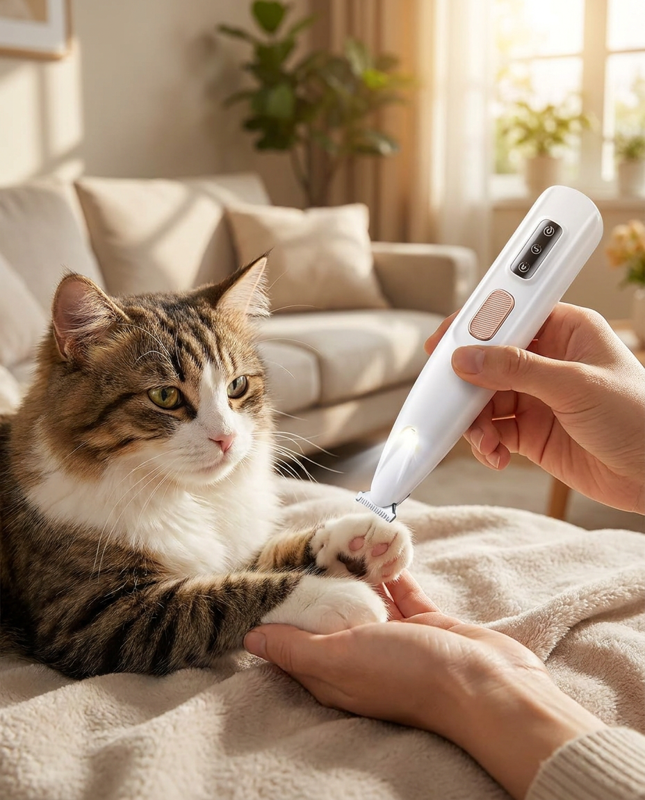 Rechargeable Waterproof Cat Grooming Trimmer in use, lifestyle background