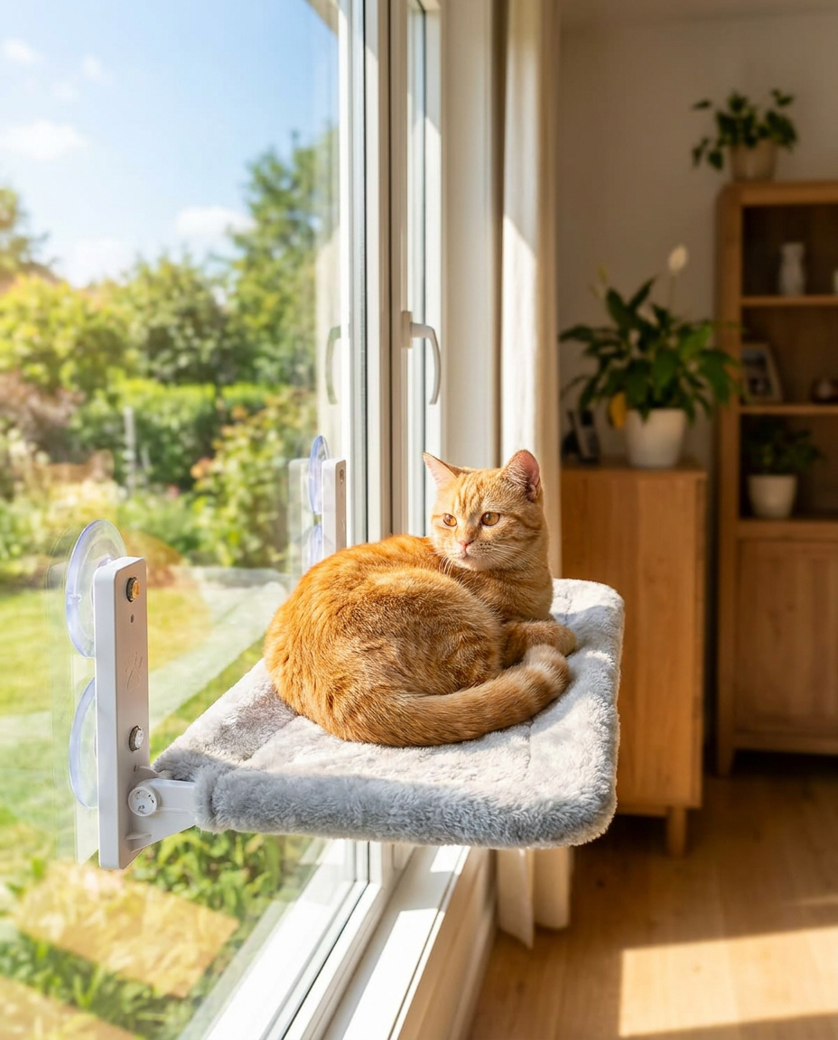 Suction Cup Cat Window Hammock Perch in use, lifestyle background