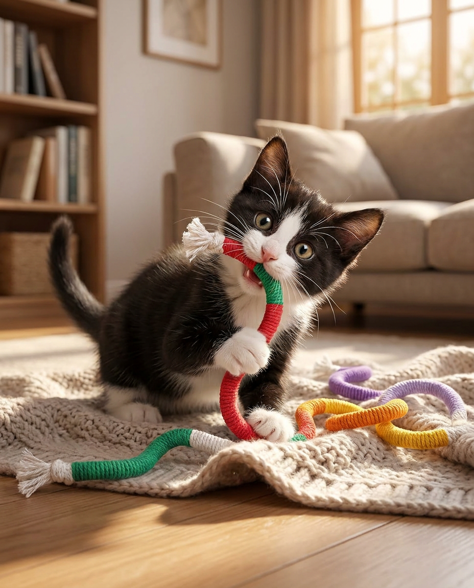 Cotton Rope Cat Chew Toys with Silvervine Balls in use, lifestyle background