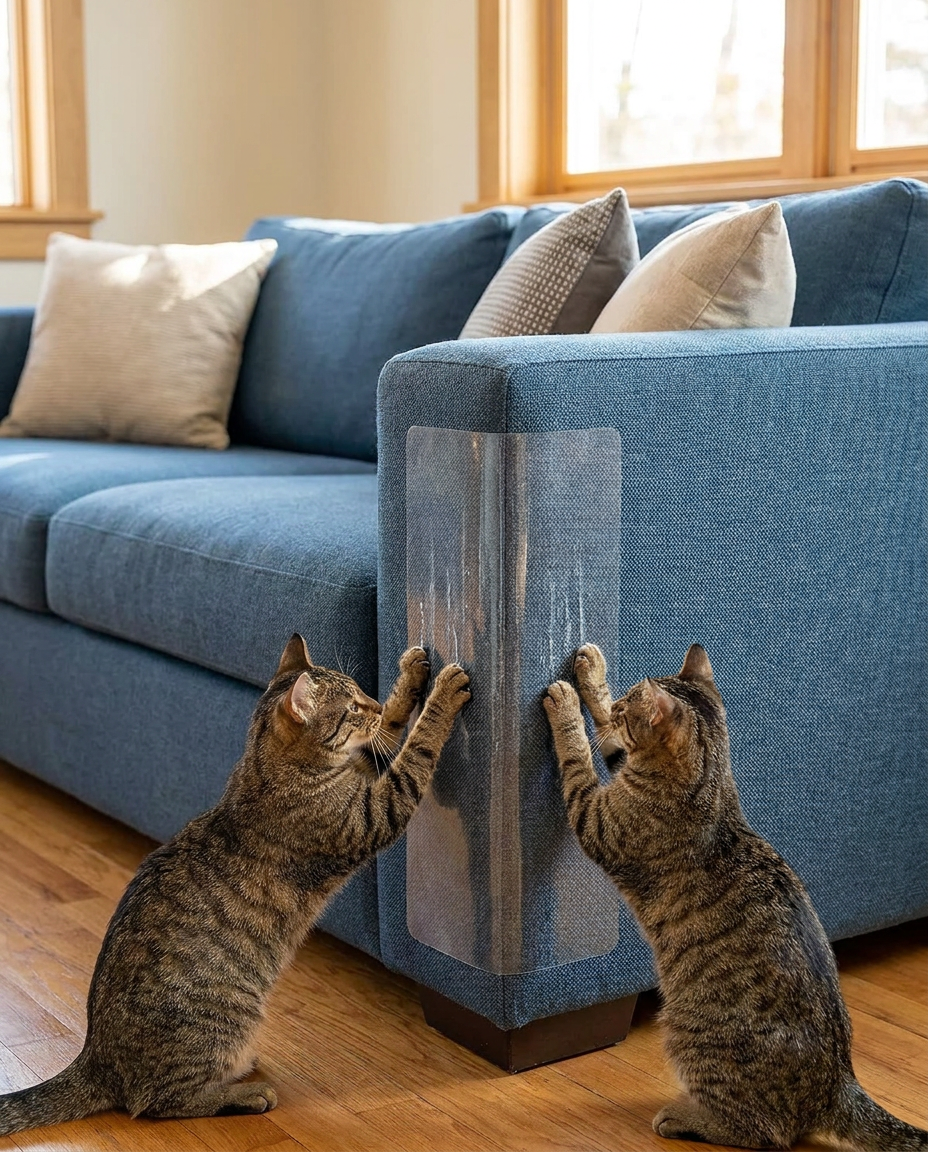 Clear Adhesive Furniture Scratch Guard for Cats in use, lifestyle background
