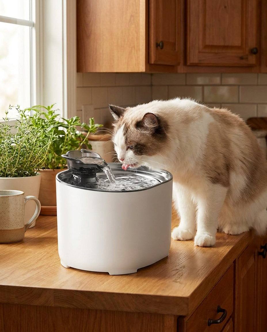 Filtered Cat Water Fountain with Quiet Flowing Stream in use, lifestyle background