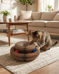 Magnetic Cardboard Cat Scratcher with Bell Ball Track in use, lifestyle background