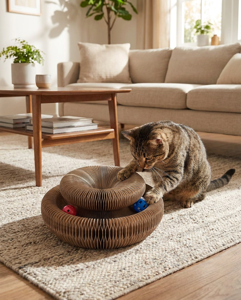 Magnetic Cardboard Cat Scratcher with Bell Ball Track in use, lifestyle background