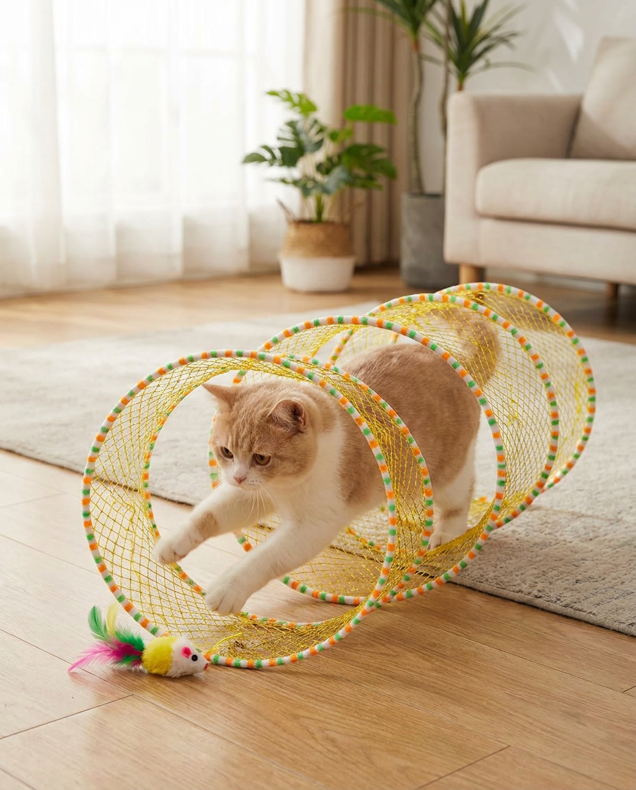 Collapsible Cat Hunting Toy with Mouse and Feather Bell in use, lifestyle background