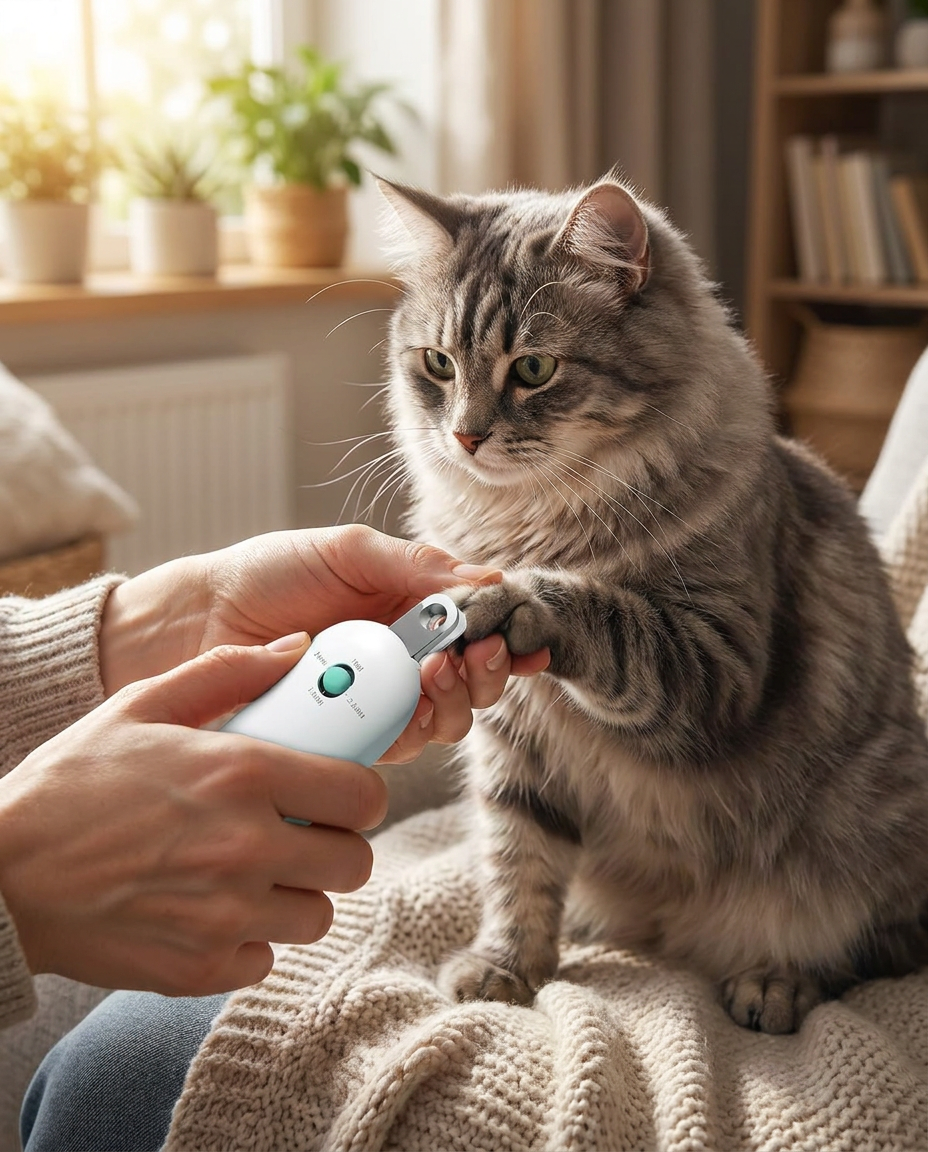 Adjustable Stainless Steel Cat Nail Clippers in use, lifestyle background