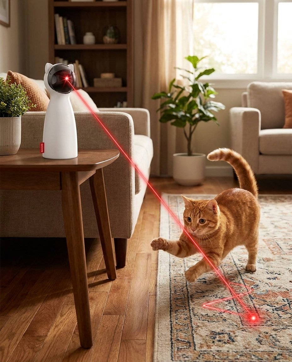 Automatic Red Laser Cat Toy in use, lifestyle background