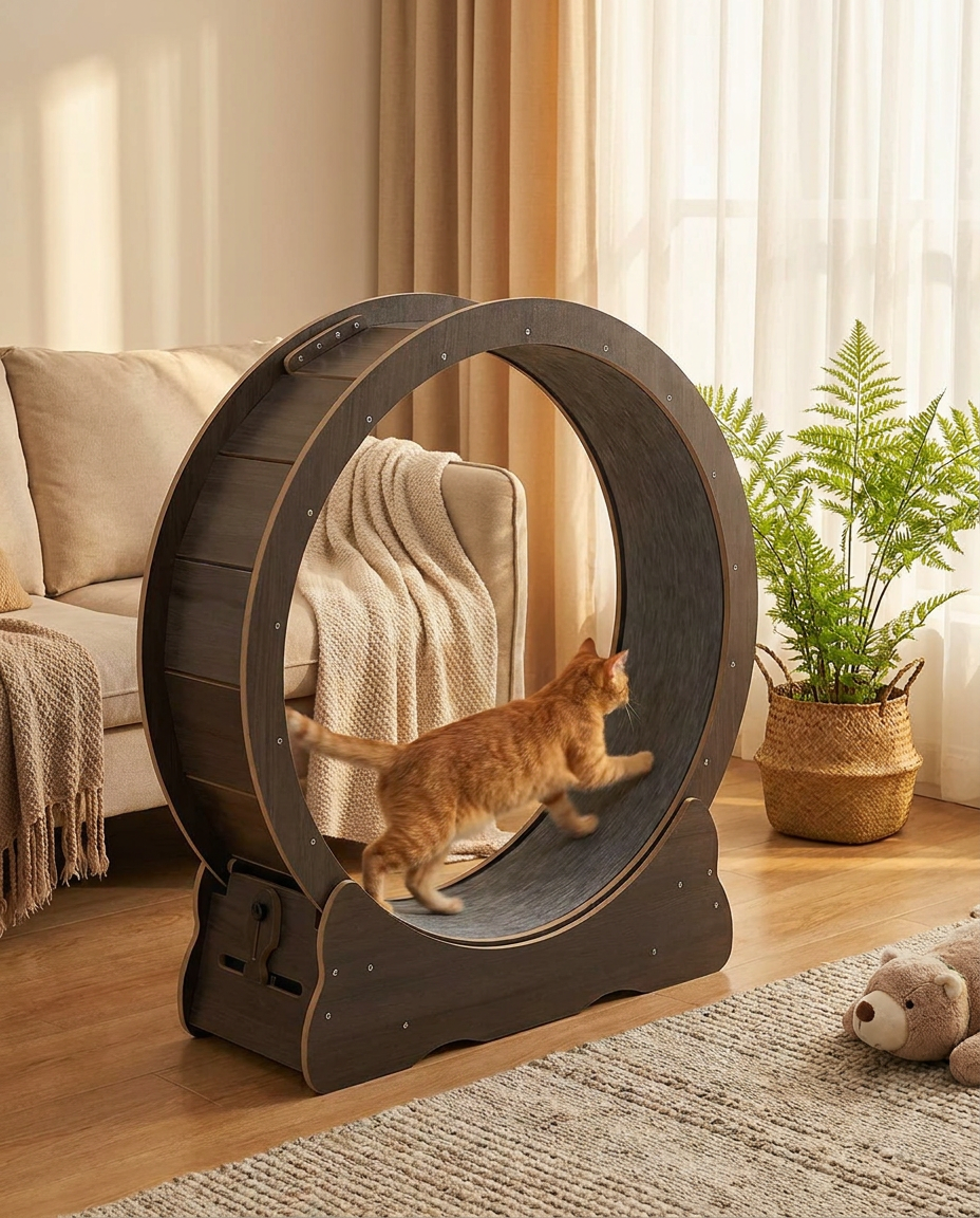 Quiet Indoor Cat Exercise Wheel with Cushioned Track in use, lifestyle background