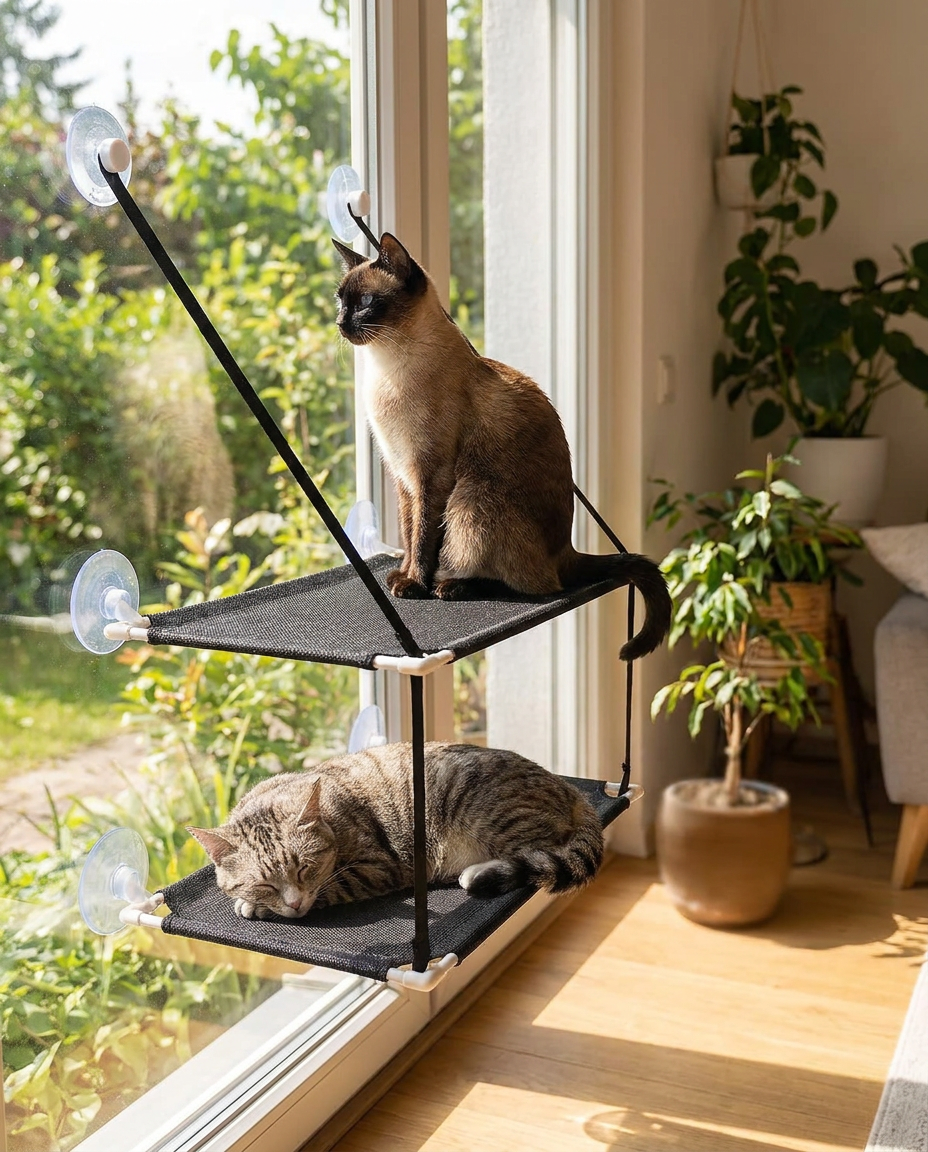 Double-Layer Suction Cup Cat Window Perch Hammock in use, lifestyle background