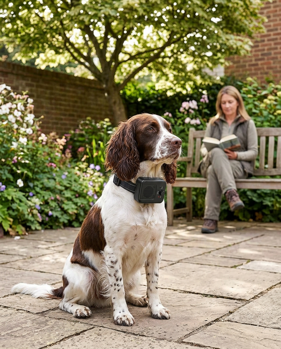 Humane Anti-Barking Training Device for Dogs in use, lifestyle background
