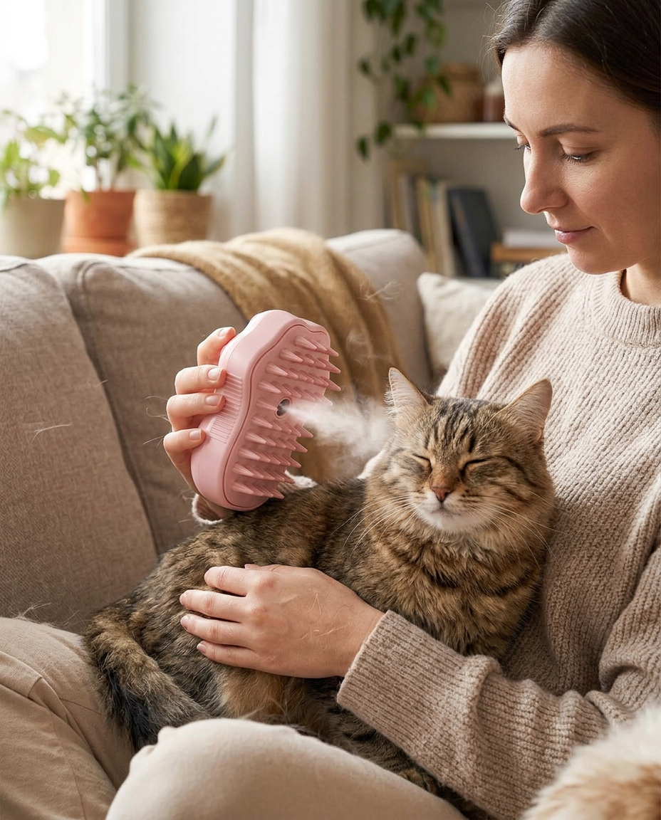 Steam Grooming Brush for Dogs and Cats in use, lifestyle background
