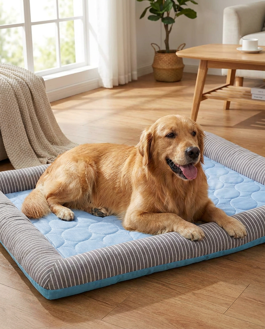 Ice Silk Cooling Bed for Dogs and Cats in use, lifestyle background