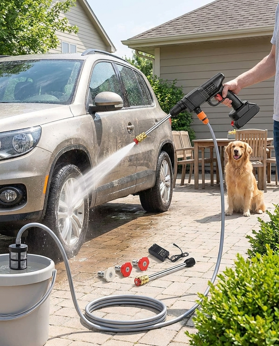 Cordless High-Pressure Portable Spray Gun Set in use, lifestyle background