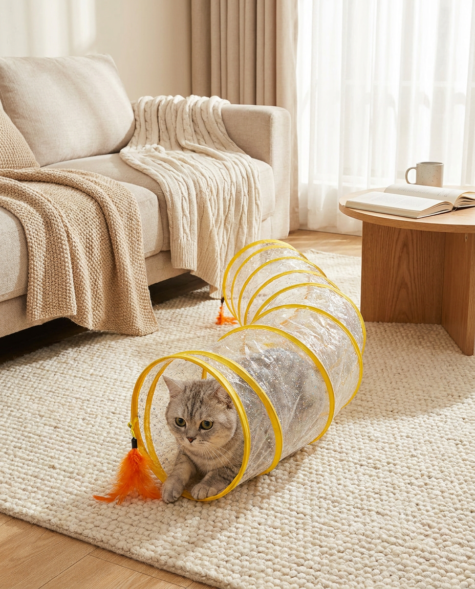 Collapsible S-Shaped Interactive Cat Tunnel in use, lifestyle background