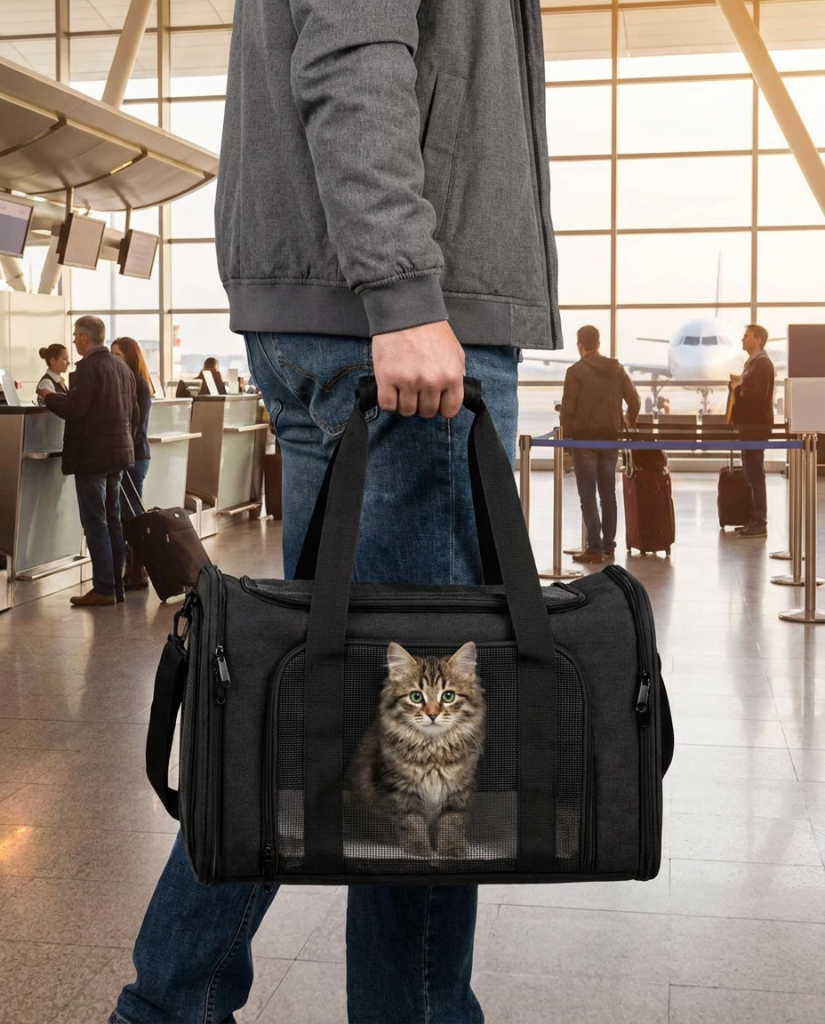 Airline-Approved Pet Carrier Bag for Cats and Dogs Up to 15 Lbs in use, lifestyle background