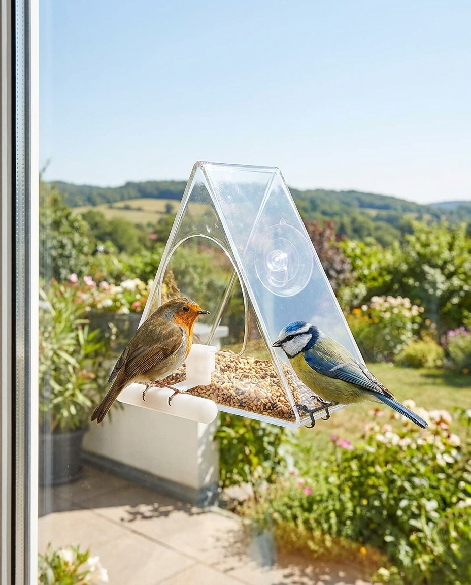Clear Acrylic Suction-Mount Bird Feeder for Outdoor Viewing in use, lifestyle background