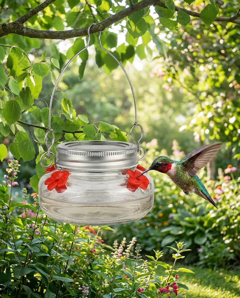 Clear Flower-Port Hummingbird Feeder in use, lifestyle background
