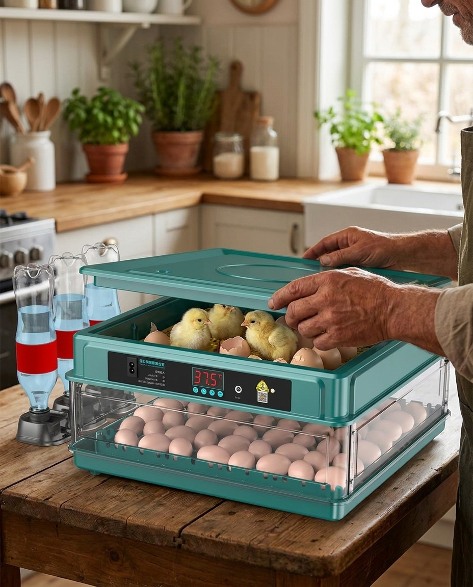 Digital Egg Incubator with Adjustable Tray and Auto Turner in use, lifestyle background