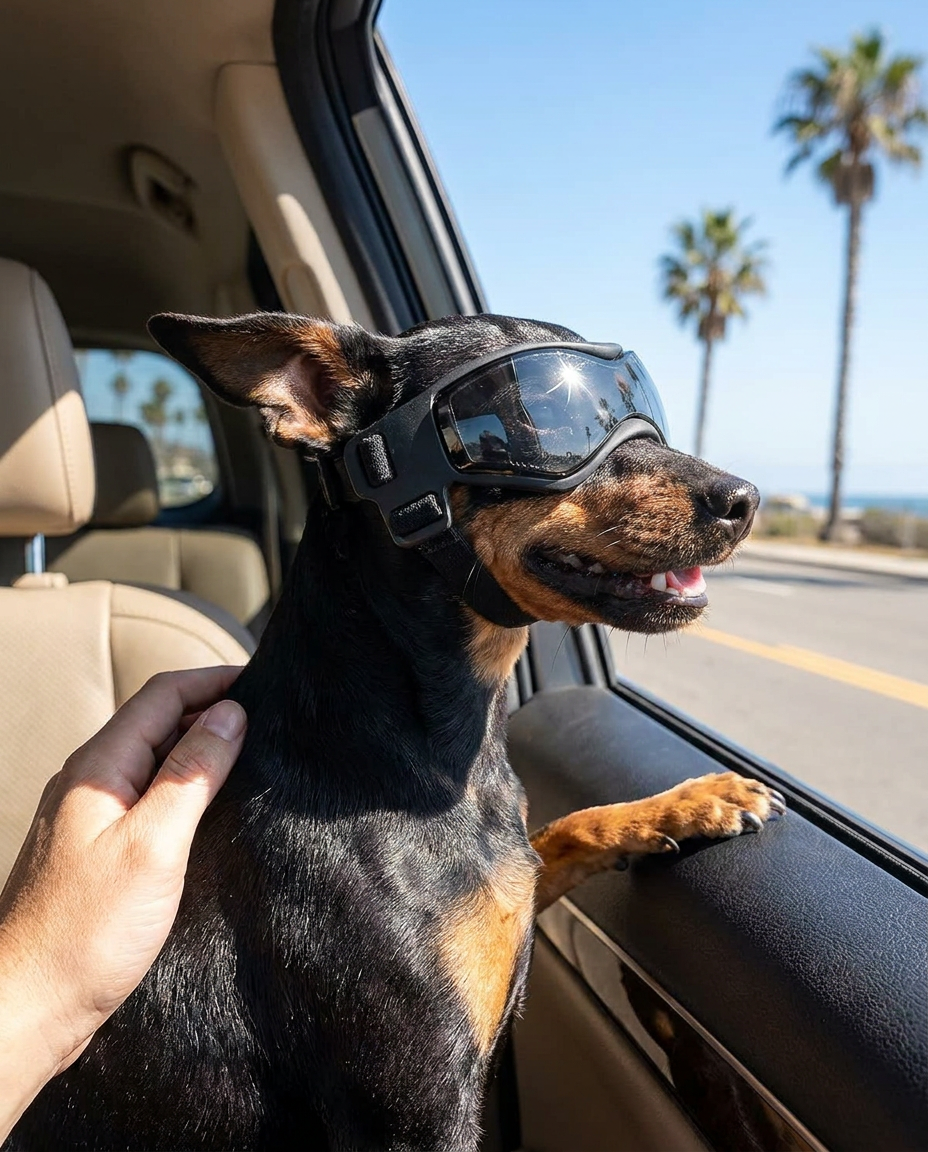 UV Protective Dog Goggles for Car Rides and Outdoor Adventures in use, lifestyle background