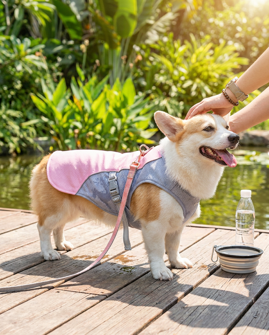 Dog Cooling Vest for Hot Weather Activities in use, lifestyle background