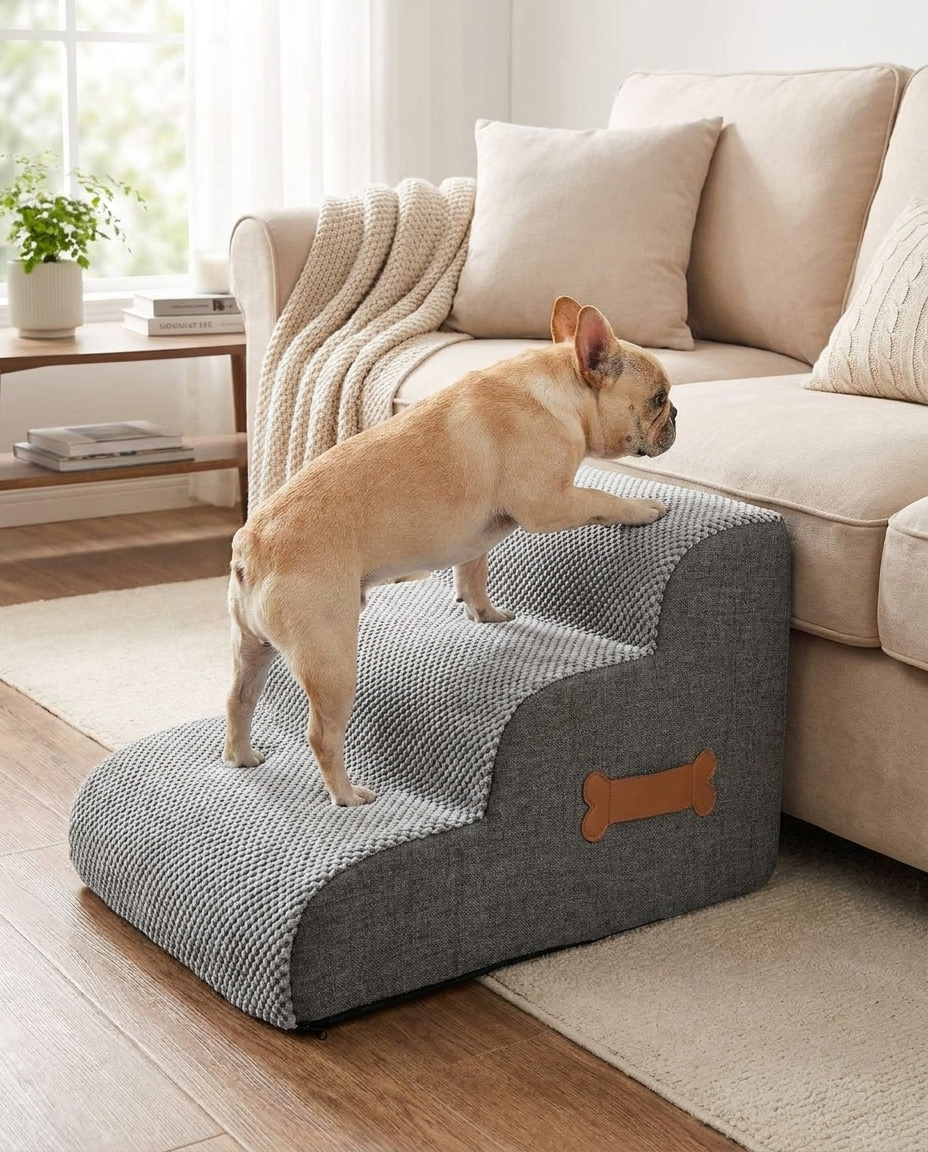 Foam Dog Stairs for Bed and Sofa Access in use, lifestyle background