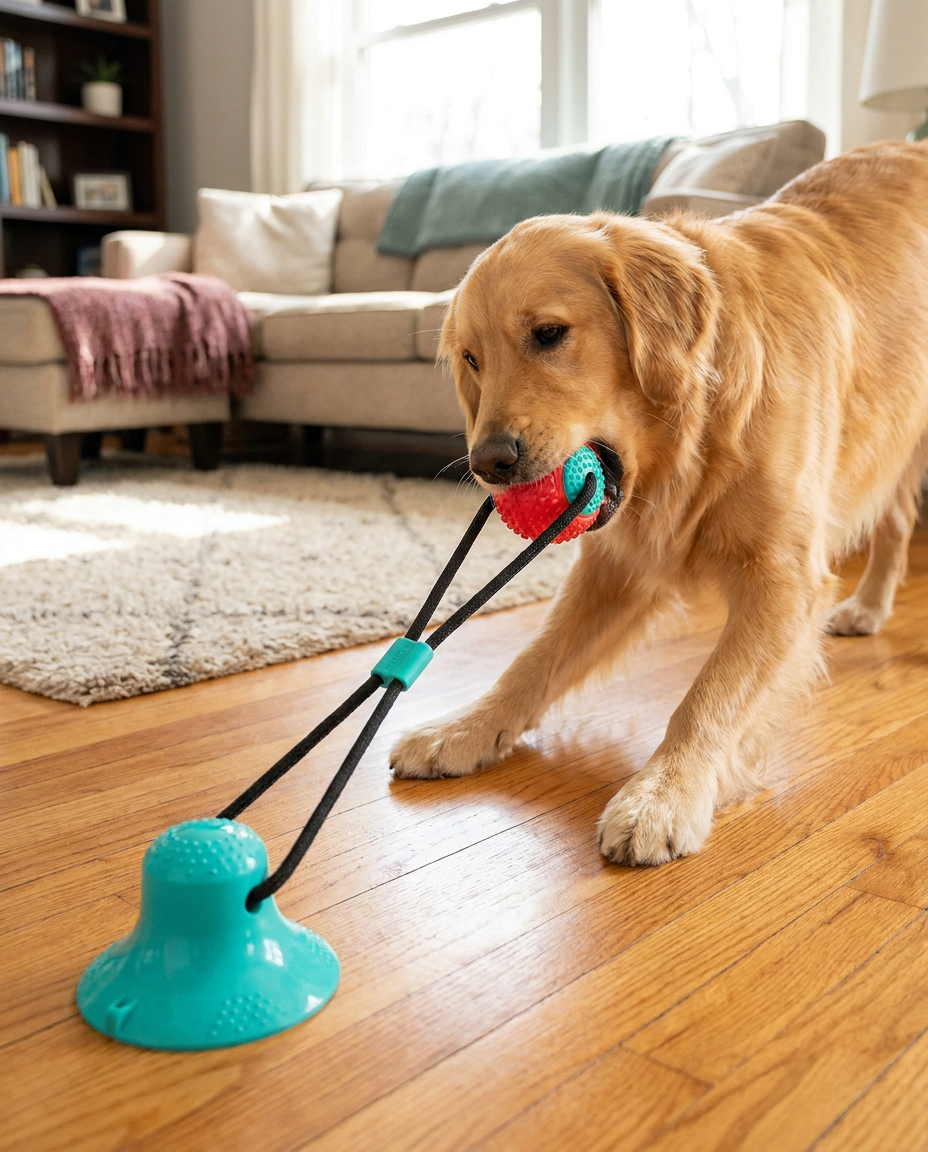 Suction Cup Dog Chew Toy for Interactive Play in use, lifestyle background