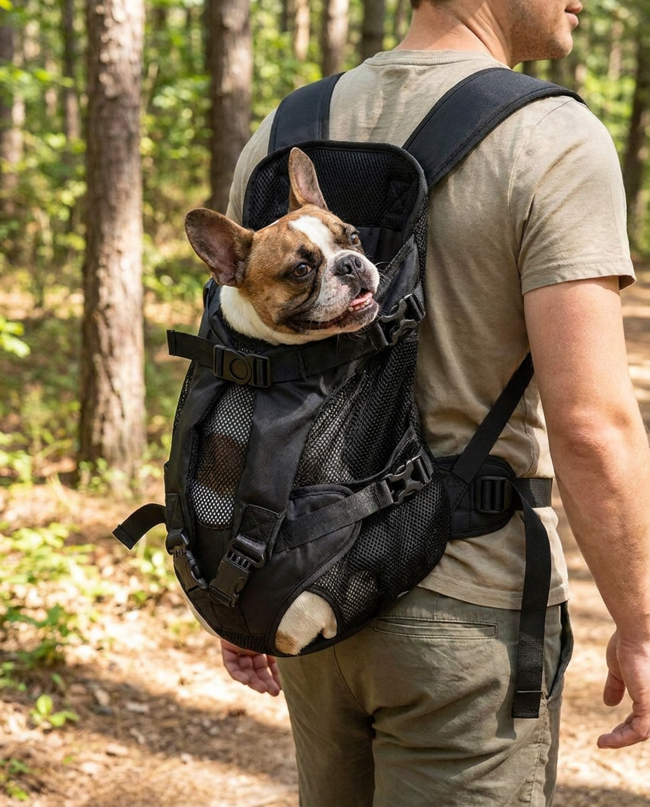 Ventilated Dog Carrying Backpack, Front or Back Wear in use, lifestyle background