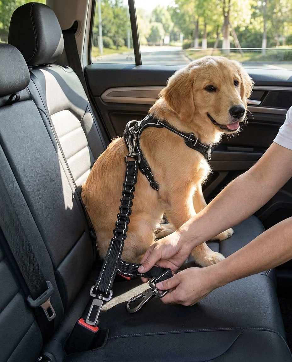 Adjustable Dog Car Seat Safety Belt in use, lifestyle background