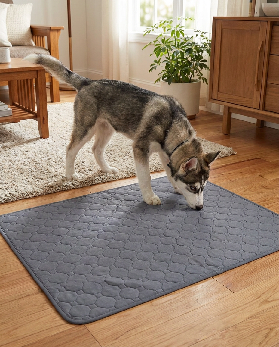 4-Layer Absorbent Dog Pee Pads, Disposable and Reusable in use, lifestyle background