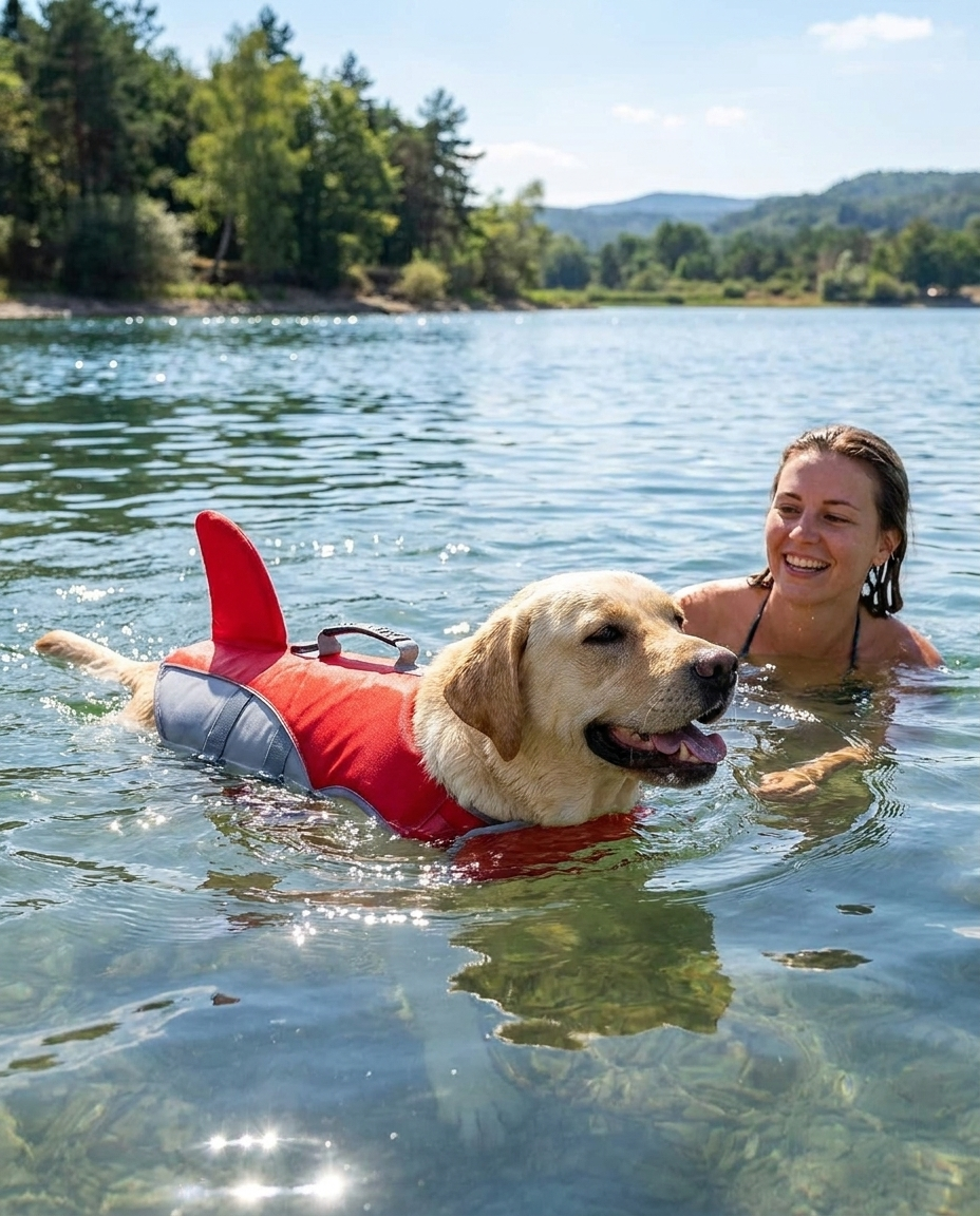 Shark Fin Dog Float Jacket with Rescue Handle in use, lifestyle background