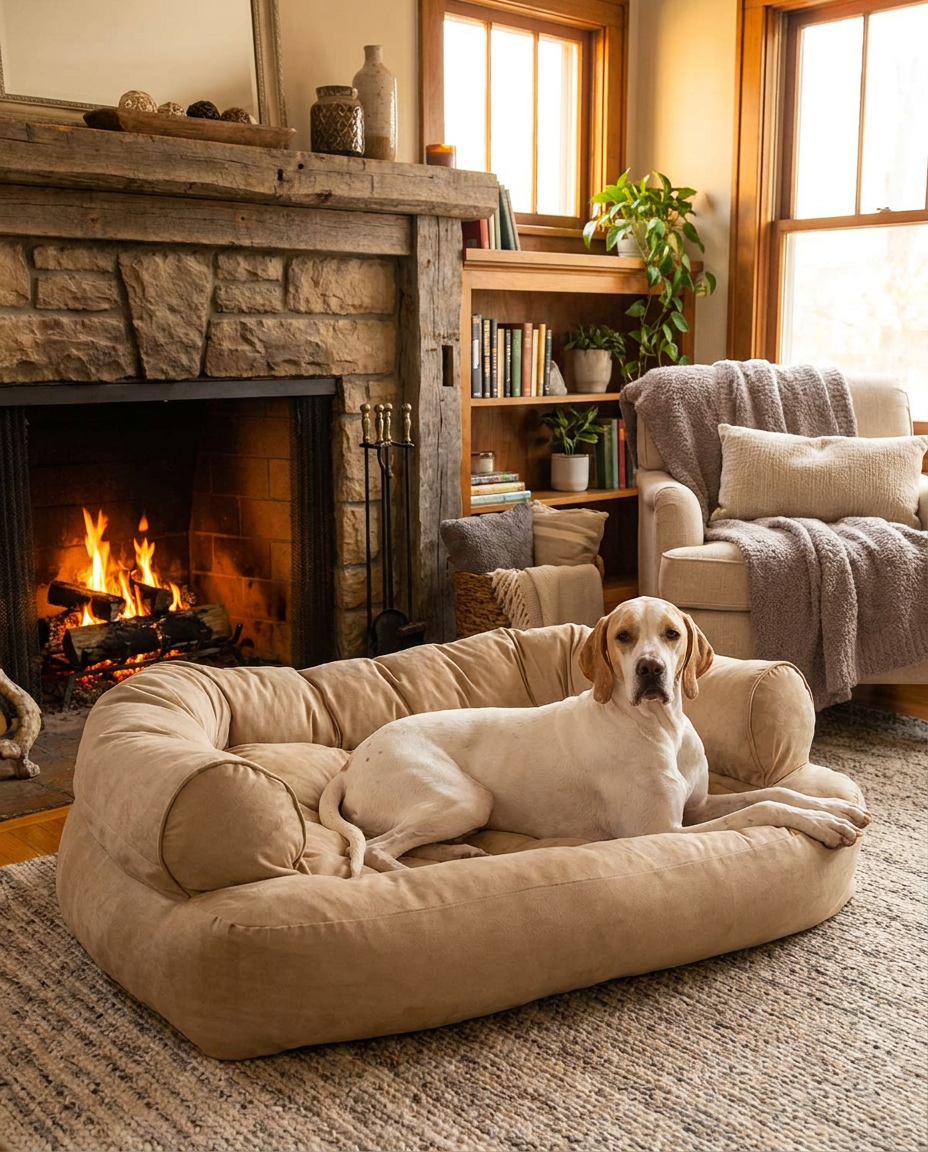 Orthopedic Cushioned Dog Sofa Bed in use, lifestyle background
