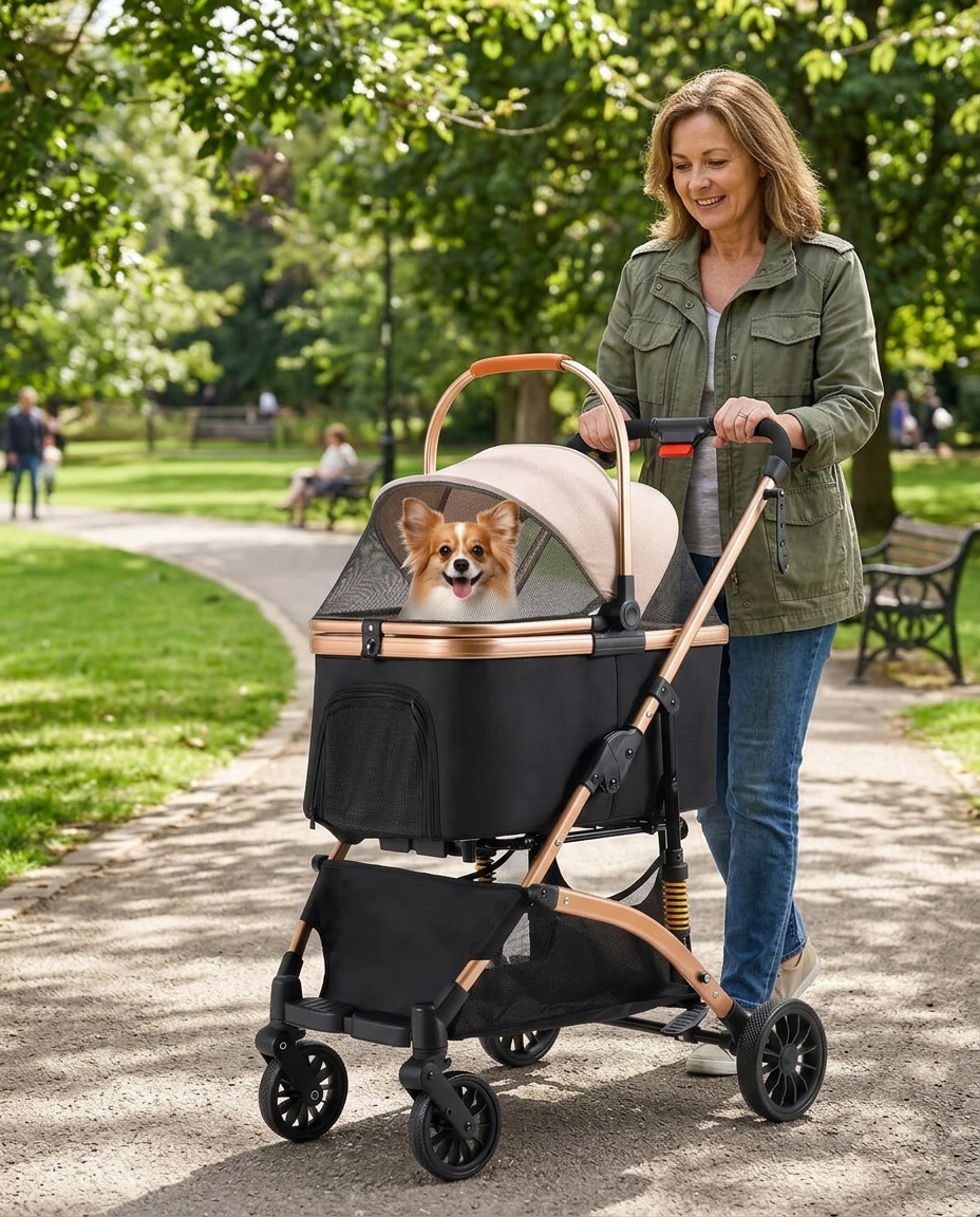 2-in-1 Foldable Dog Stroller with Removable Transport Box in use, lifestyle background