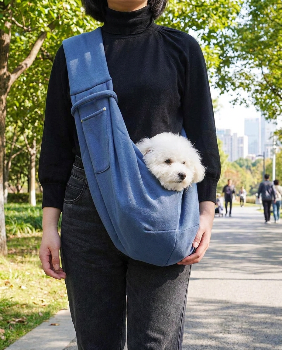 Adjustable Dog Carrier Sling with Storage Pocket in use, lifestyle background