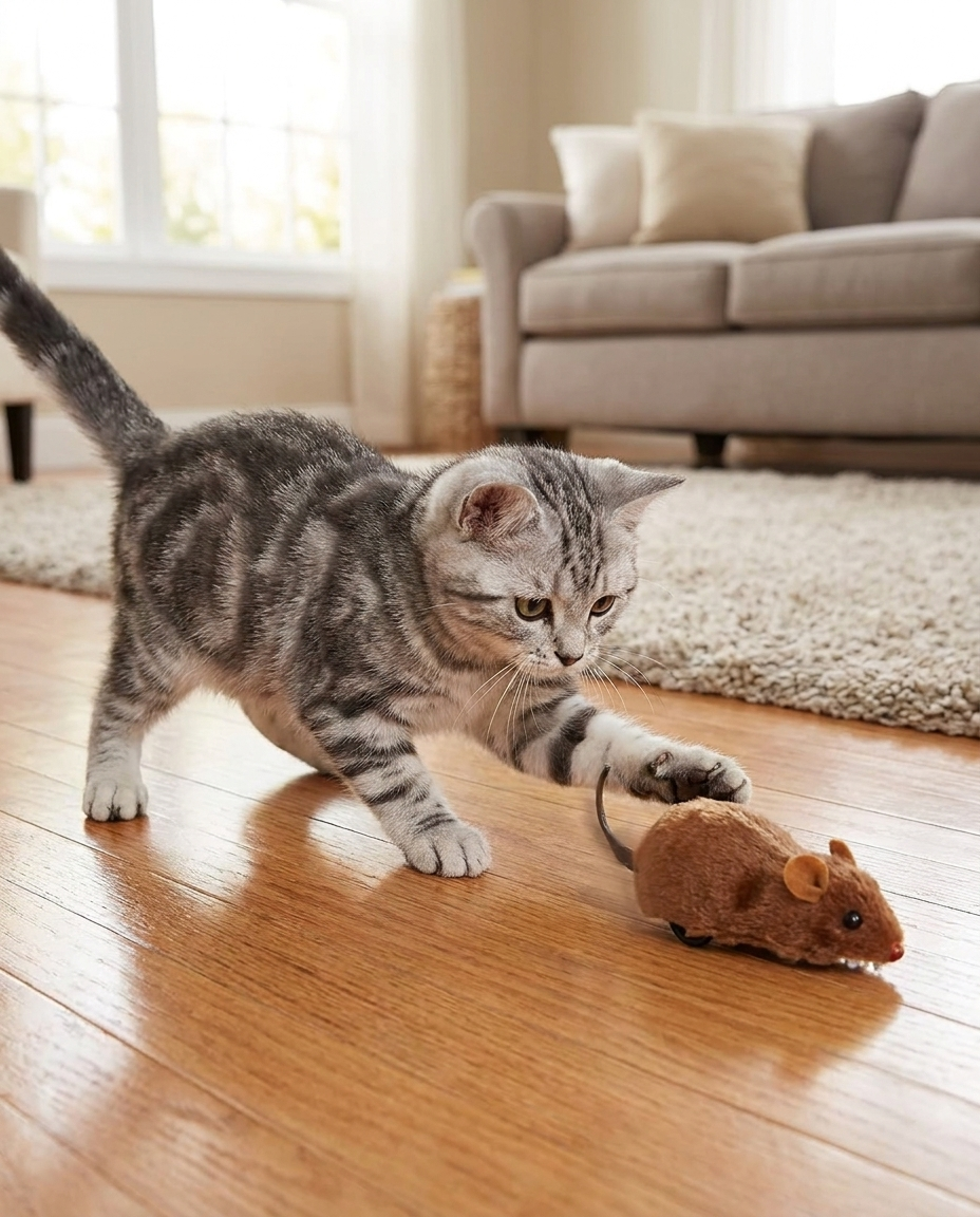Electric Cat Toy Mouse in use, lifestyle background